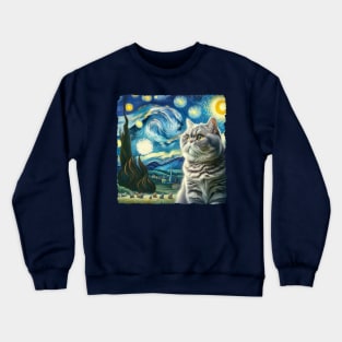 British Shothair Starry Night Inspired - Artistic Cat Crewneck Sweatshirt